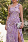 One Shoulder Lilac Floral Wedding Guest Dress with Slit