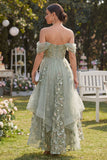 Off the Shoulder Floral Ruffled Dusty Green Wedding Guest Dress