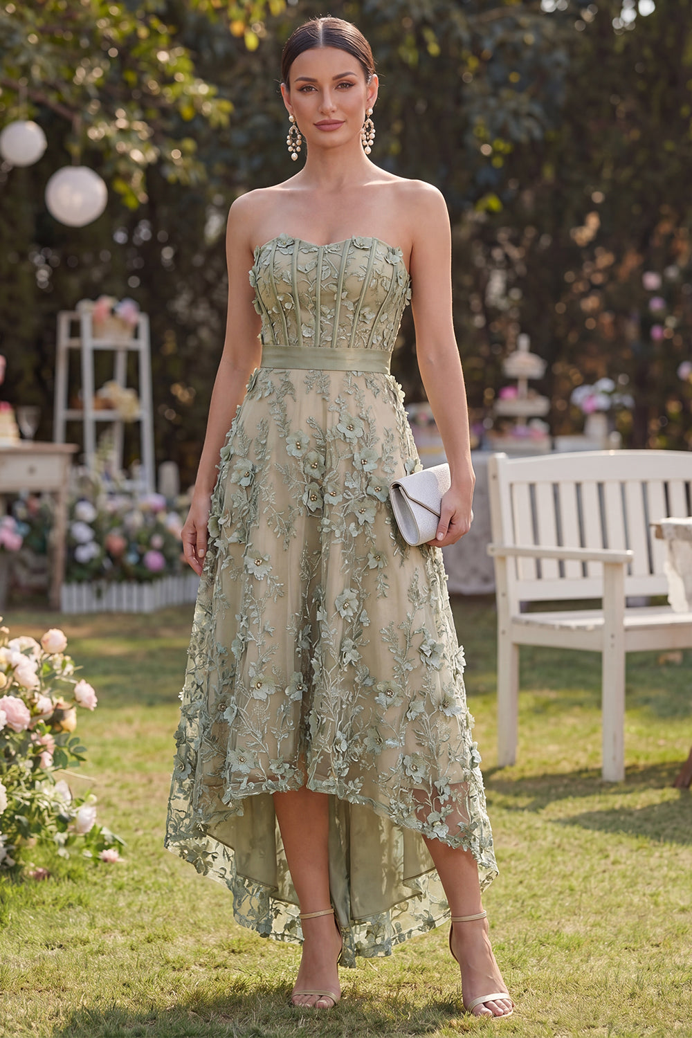 high low wedding guest dresses Wedtrend Women Dusty Green Floral Wedding Guest Dress A Line Strapless Corset Applique High-Low Party Dress – WEDTREND
