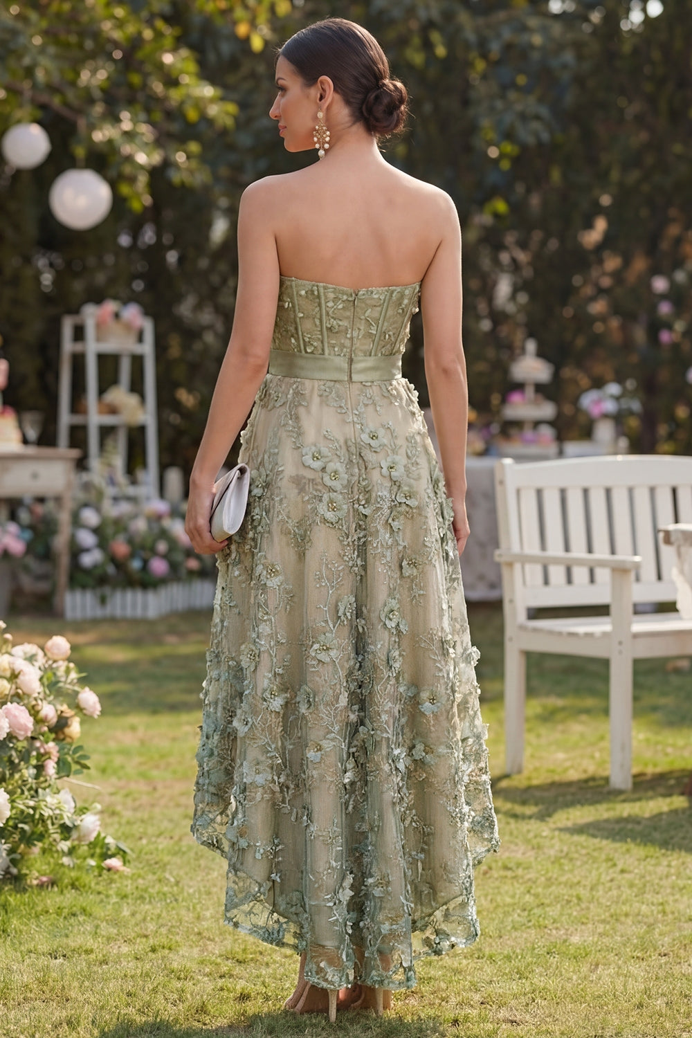 green garden party dress Wedtrend Women Dusty Green Floral Wedding Guest Dress A Line Strapless Corset Applique High-Low Party Dress – WEDTREND