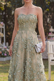 Strapless A Line High Low Dusty Green Floral Wedding Guest Dress