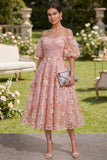 Off the Shoulder Pink Orange Floral Wedding Guest Dress with Puff Sleeves