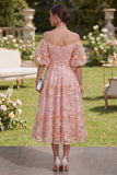 Off the Shoulder Pink Orange Floral Wedding Guest Dress with Puff Sleeves