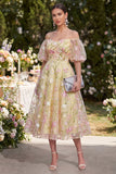 Off the Shoulder Light Yellow Floral Wedding Guest Dress with Puff Sleeves