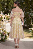 Off the Shoulder Light Yellow Floral Wedding Guest Dress with Puff Sleeves