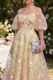 Off the Shoulder Light Yellow Floral Wedding Guest Dress with Puff Sleeves