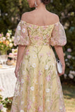Off the Shoulder Light Yellow Floral Wedding Guest Dress with Puff Sleeves
