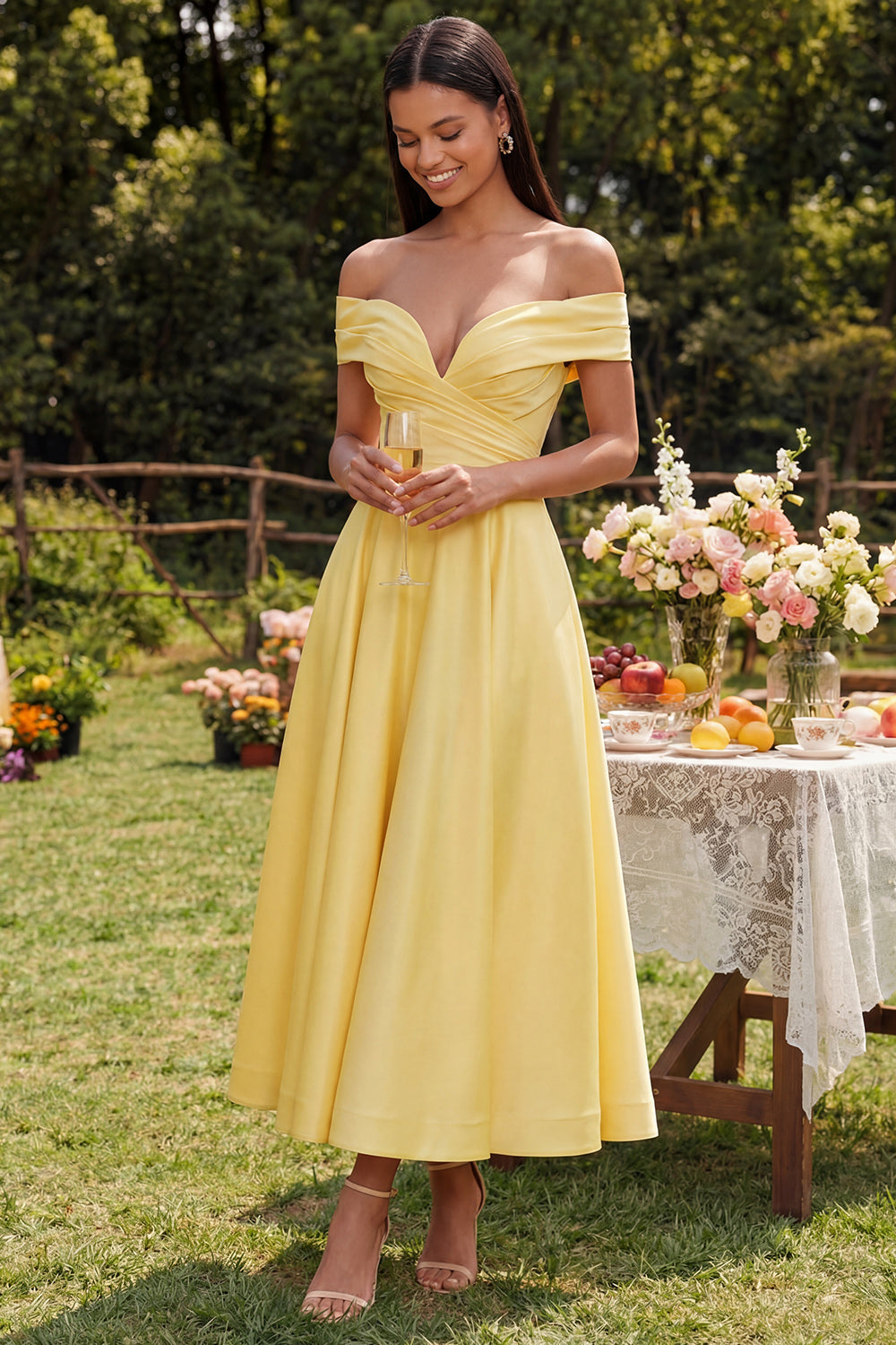 ruched dress wedding guest Wedtrend Women Yellow A Line Wedding Guest Dress Off The Shoulder Ruched Midi Dress – WEDTREND