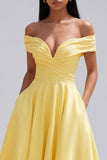 Off The Shoulder Yellow Ruched A Line Midi Wedding Guest Dress