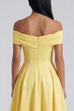 Off The Shoulder Yellow Ruched A Line Midi Wedding Guest Dress
