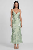 Sage Green Mermaid Floral Wedding Guest Dress with Lace-up Back