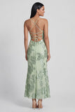 Sage Green Mermaid Floral Wedding Guest Dress with Lace-up Back