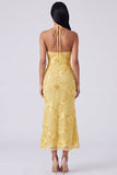 Halter Yellow Keyhole Mermaid Wedding Guest Dress with Appliques