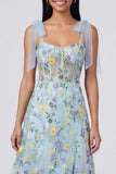 Blue Flower Corset A Line Wedding Guest Dress