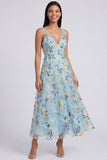 Floral A Line V-Neck Blue Wedding Guest Dress