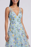 Floral A Line V-Neck Blue Wedding Guest Dress