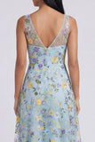Floral A Line V-Neck Blue Wedding Guest Dress