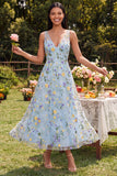 Floral A Line V-Neck Blue Wedding Guest Dress