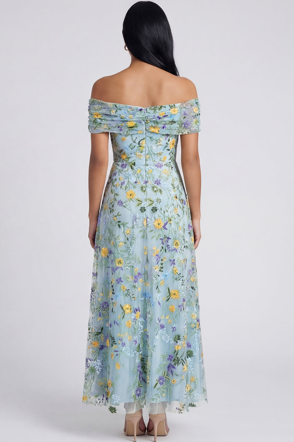 blue pattern wedding guest dress Fleurora Plus Size Women's Dusty Blue Summer Elegant Wedding Guest Dress,V-Neck Jacquard Flower Pattern Waist Cinching Vintage Party Bridal Church Outfits