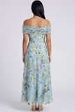 Off the Shoulder Blue A Line Floral Wedding Guest Dress