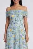 Off the Shoulder Blue A Line Floral Wedding Guest Dress