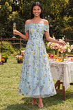 Off the Shoulder Blue A Line Floral Wedding Guest Dress