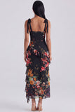 Black Ruffled Floral Corset Midi Wedding Guest Dress