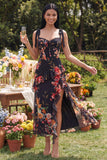 Black Ruffled Floral Corset Midi Wedding Guest Dress