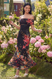 Off the Shoulder Ivory Sheath Floral Wedding Guest Dress