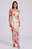 Off the Shoulder Ivory Sheath Floral Wedding Guest Dress