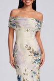 Off the Shoulder Ivory Sheath Floral Wedding Guest Dress