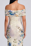 Off the Shoulder Ivory Sheath Floral Wedding Guest Dress