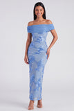 Blue Off the Shoulder Mermaid Floral Wedding Guest Dress