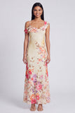 Champagne Asymmetrical Neck Floral Wedding Guest Dress
