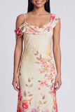 Champagne Asymmetrical Neck Floral Wedding Guest Dress