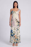 Champagne Asymmetrical Neck Floral Wedding Guest Dress