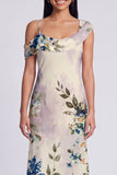 Champagne Asymmetrical Neck Floral Wedding Guest Dress
