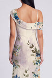 Champagne Asymmetrical Neck Floral Wedding Guest Dress