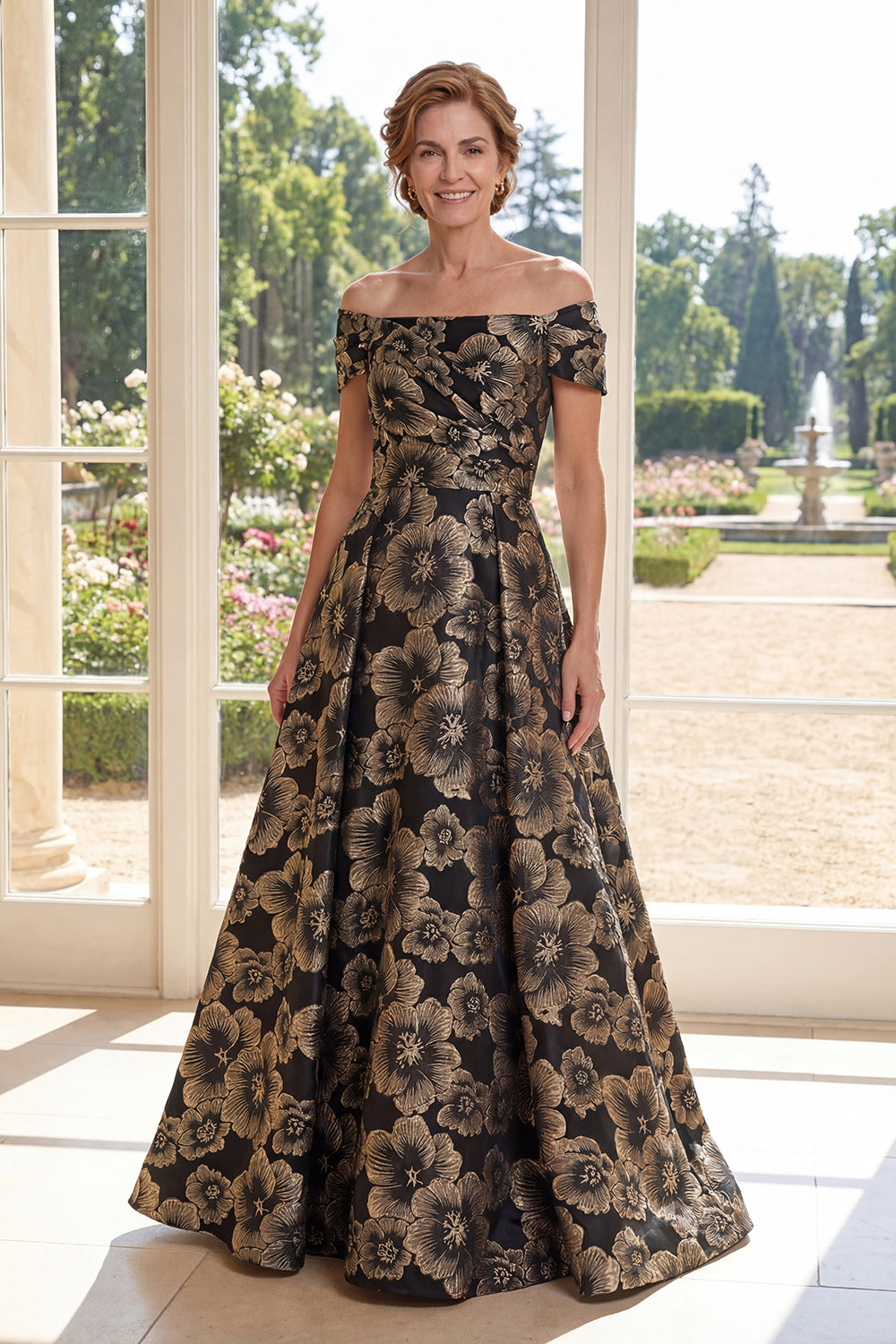 Wedtrend Women Black Floral Mother of The Bride Dress A Line Off The Shoulder Long Evening Dress, Black / US2