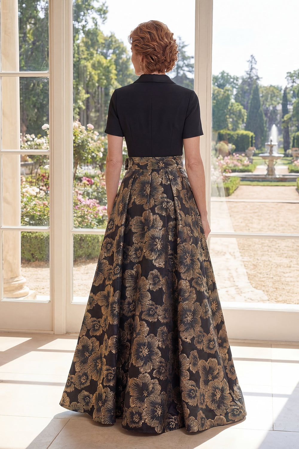 Wedtrend Women Black Mother of the Bride Dress with Short Sleeves Notched Lapel A Line Jacquard Wedding Guest Dress, Black / US18W