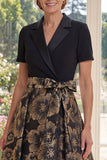 Black A Line Jacquard Notched Lapel Mother of the Bride Dress with Short Sleeves