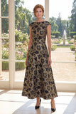 Black Jacquard Bateau Neck A Lin Mother of the Bride Dress with Cap Sleeves