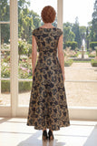 Black Jacquard Bateau Neck A Lin Mother of the Bride Dress with Cap Sleeves