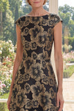 Black Jacquard Bateau Neck A Lin Mother of the Bride Dress with Cap Sleeves