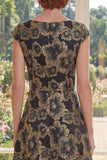 Black Jacquard Bateau Neck A Lin Mother of the Bride Dress with Cap Sleeves