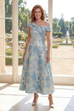Blue A Line Jacquard Asymmetrical Neck Midi Mother of the Bride Dress