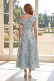 Blue A Line Jacquard Asymmetrical Neck Midi Mother of the Bride Dress