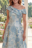 Blue A Line Jacquard Asymmetrical Neck Midi Mother of the Bride Dress