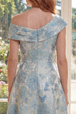 Blue A Line Jacquard Asymmetrical Neck Midi Mother of the Bride Dress