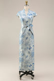 Sheath Blue High Neck Jacquard Mother of the Bride Dress with Belt